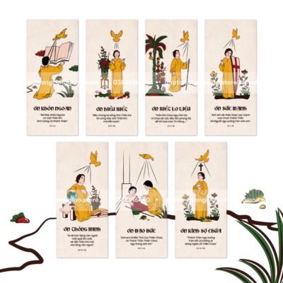 Bộ thẻ 7 ơn Chúa Thánh Thần phong cách tranh đông hồ – Quà tặng Công Giáo – Thẻ ơn ngẫu nhiên